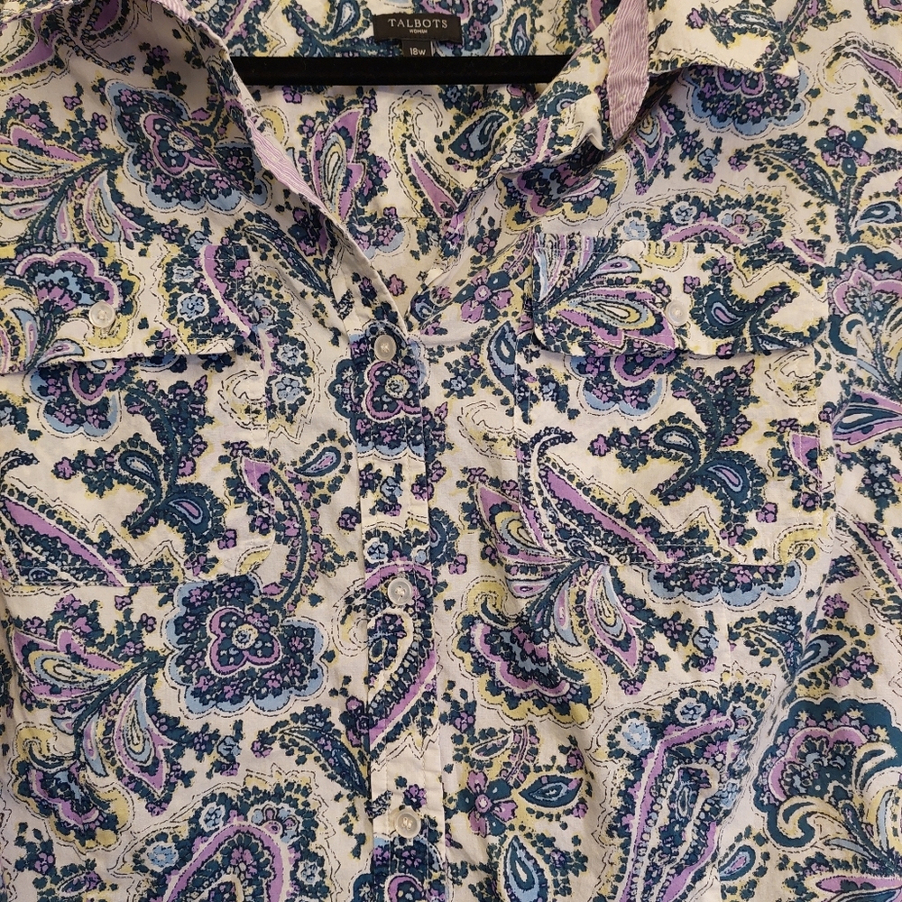 Talbots White Purple Paisley Lightweight button down long sleeve Top. Size 18W - Picture 4 of 10